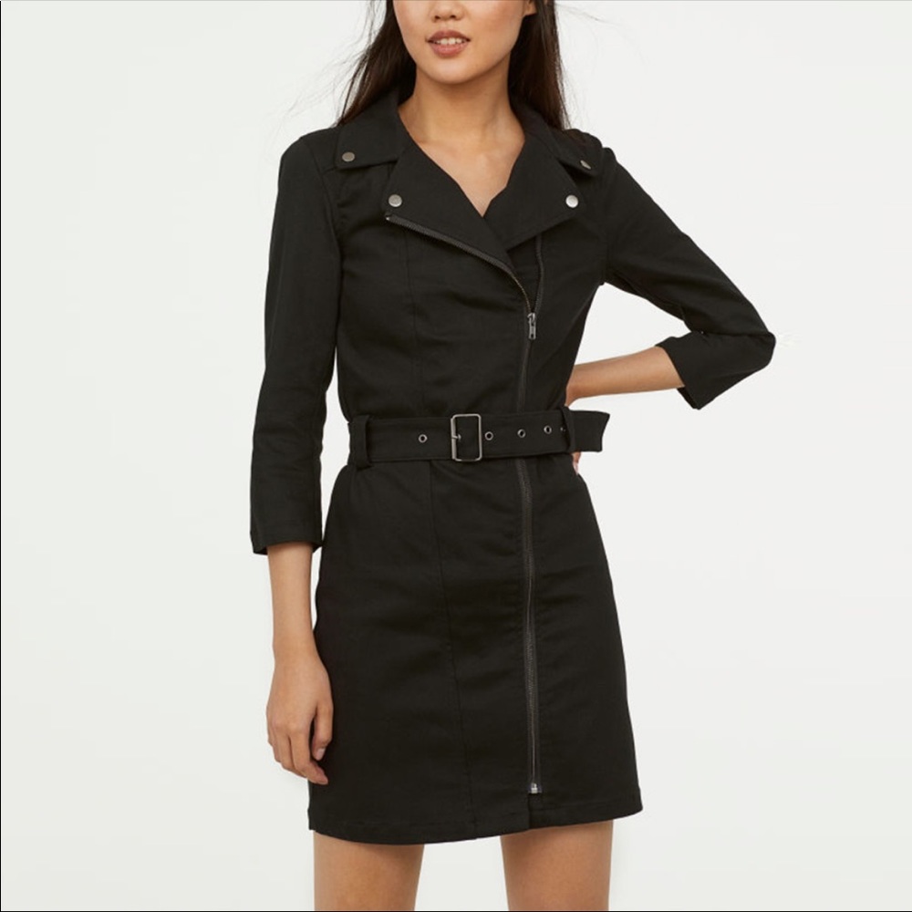 H&M Black Belted Denim Biker Dress